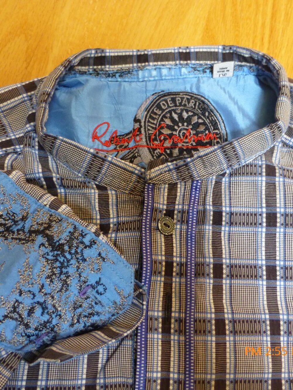 Robert Graham Flip Cuff Men's Gray Blue Checker Long Sleeve Shirt Low Collar LG
